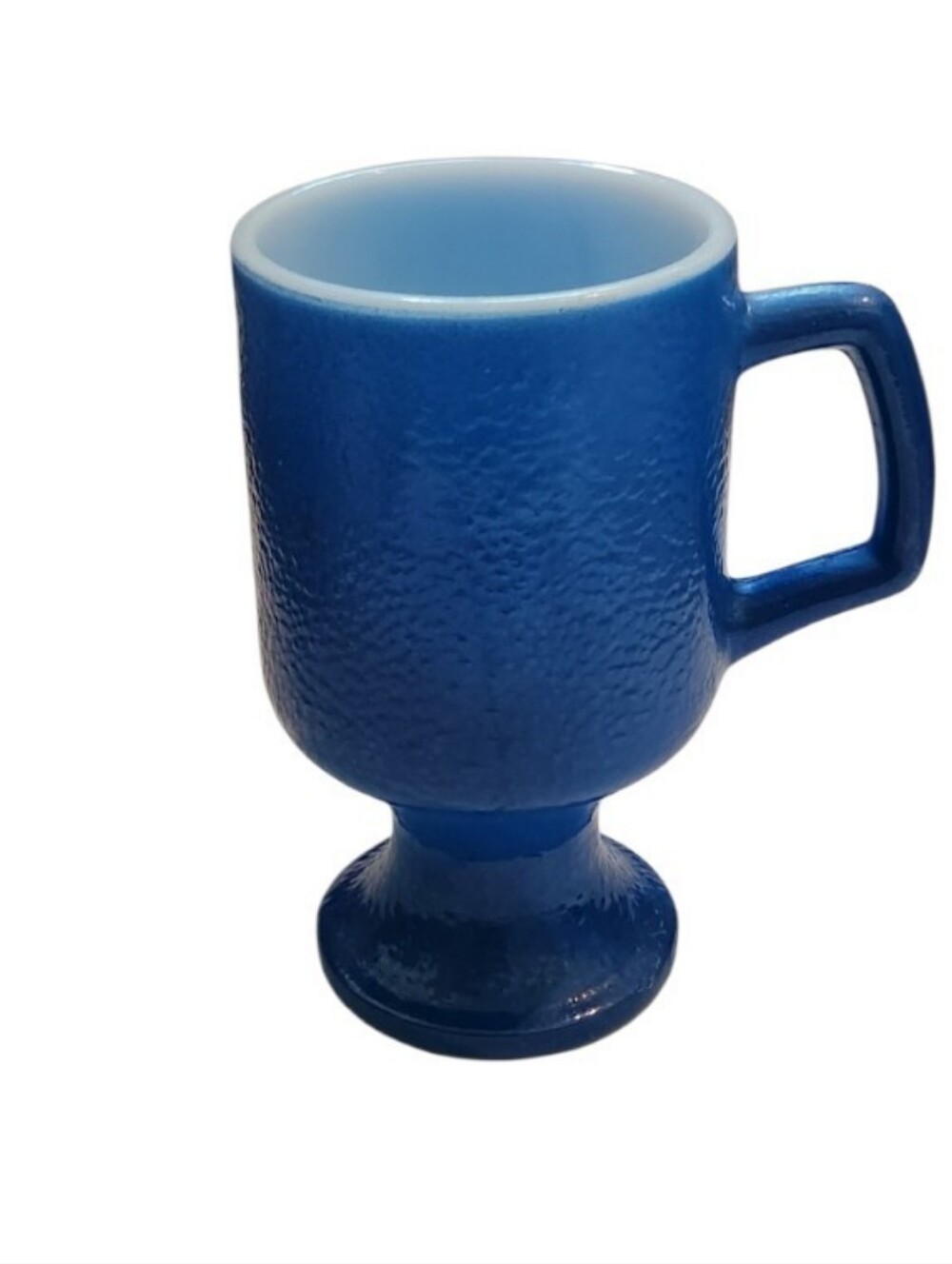 Vintage Blue Milk Glass Pedestal Mug with Handle Orange Peel Texture